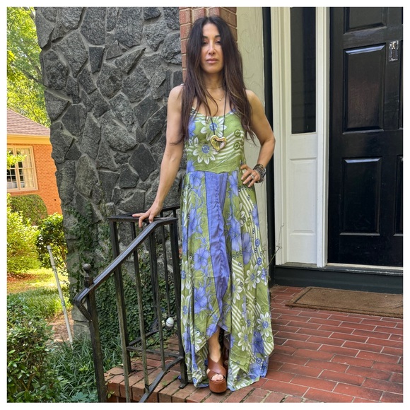 42 Boho Silk Blend One of Kind Print Sleeveless Asymmetrical Maxi Dress - Picture 3 of 8